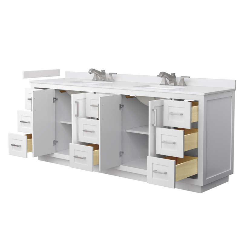 Meuble-lavabo double autoportant de 84 po avec plateau en marbre Miranda, Blanc, Nickel brossé
