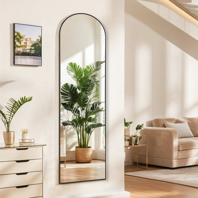 Levente Full Length Mirror, Arched Floor Mirror Freestanding, Full Body Mirror With Stand For Living Room, 59" x 16", Black