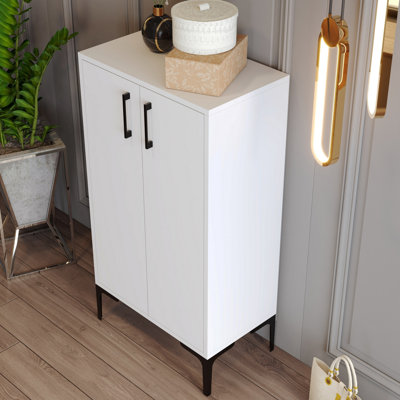 Modern White Shoe Cabinet with Metal Legs, 23.6 x 43.7 x 13.8 inches | 100% Melamine Coated Particle Board, Thickness: 0.7 inches | Numerous Shelves, Wall-Mountable, Stylish & Functional Storage Solution for Entryway