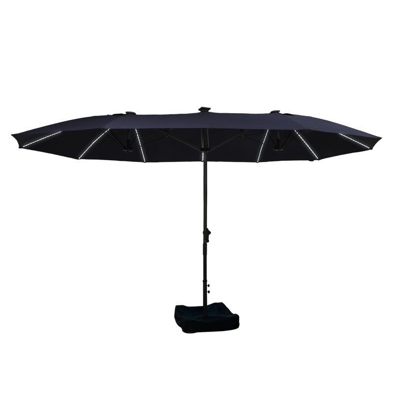 Parasol de patio à double face 15 pi avec base et éclairage, Bleu marine