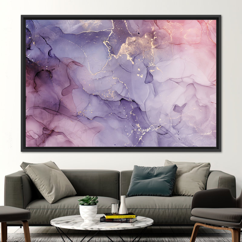 Abstrait art abstrait marbré mauve et rose - décoration murale scintillante moderne avec encre alcoolisée, H 41 po x l 94 po