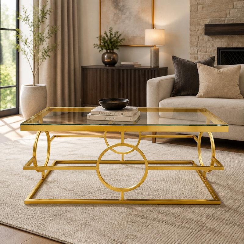 Table basse de luxe en verre avec structure en métal doré, piètement géométrique en forme d'anneau, table basse rectangulaire glamour