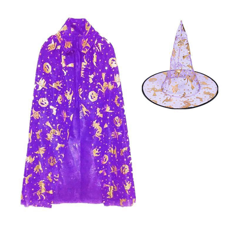2pcs Kids Halloween Witch Cloak+hat Set, Five-pointed Star Cloak Party Halloween Costume, Purple