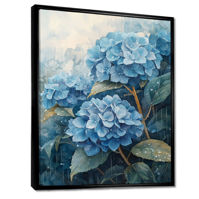 Hortensias dans un champ de pluie I - hydrangées, art mural, H 32 po x l 24 po, Noir, Impression encadrée flottante