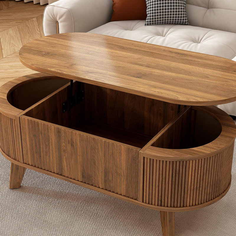 Table basse à plateau relevable cannelé avec rangement, table basse ovale moderne pour le salon ou le bureau personnel (noyer)