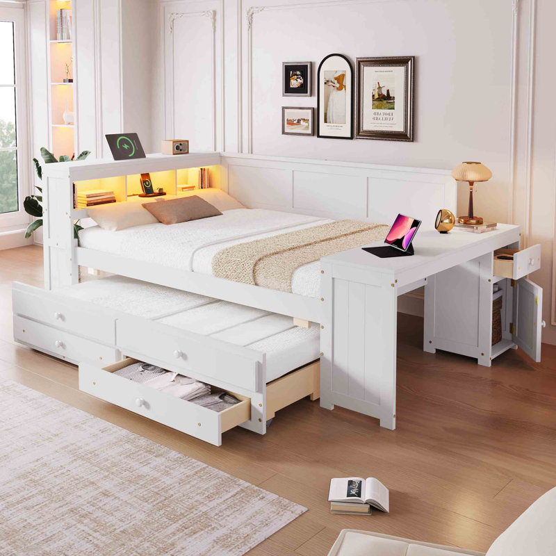 Lit de jour avec tiroirs de rangement, lumière DEL et ports USB, Blanc
