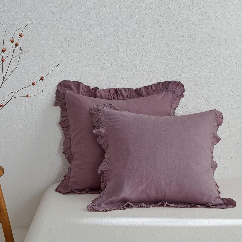 100% Linen Euro Sham Covers With Ruffle, 2Pcs Pillow Covers 26X26 Inches, Purple