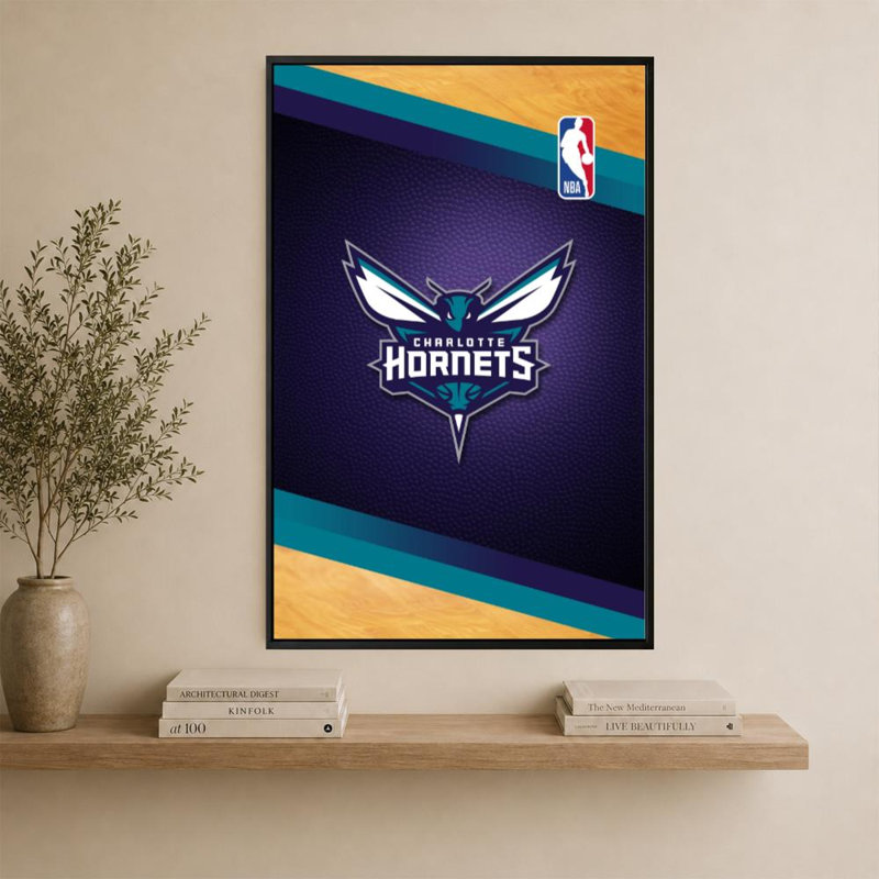 Art mural des Charlotte Hornets de la NBA, H 60 po x l 40 po, Cadre plat flottant, Noir