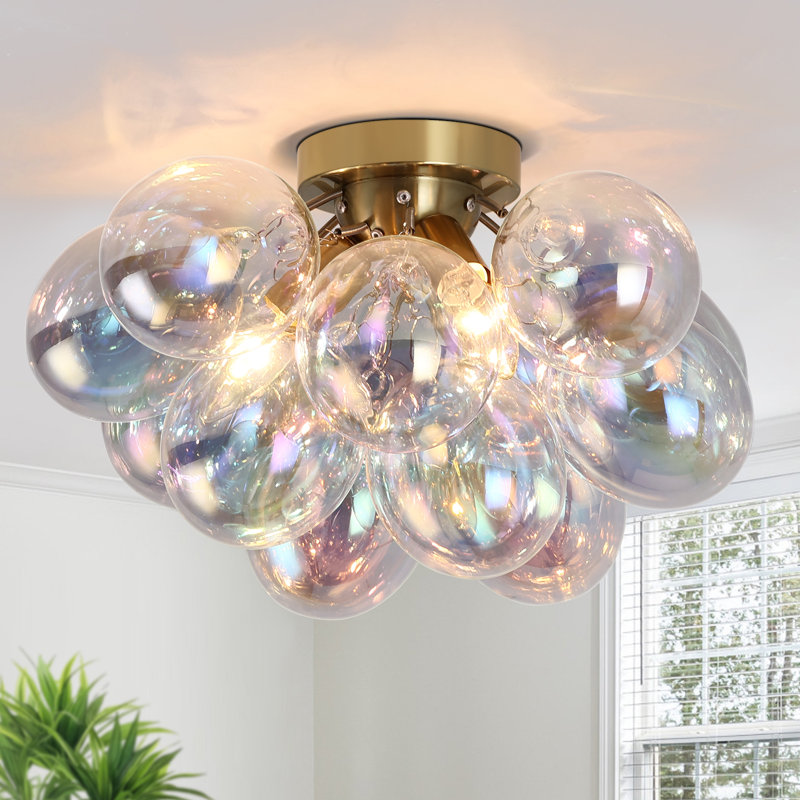 Frachia 3 - Light Globe Bubble Glass Dimmable Semi Flush Mount Light fixture, Gold