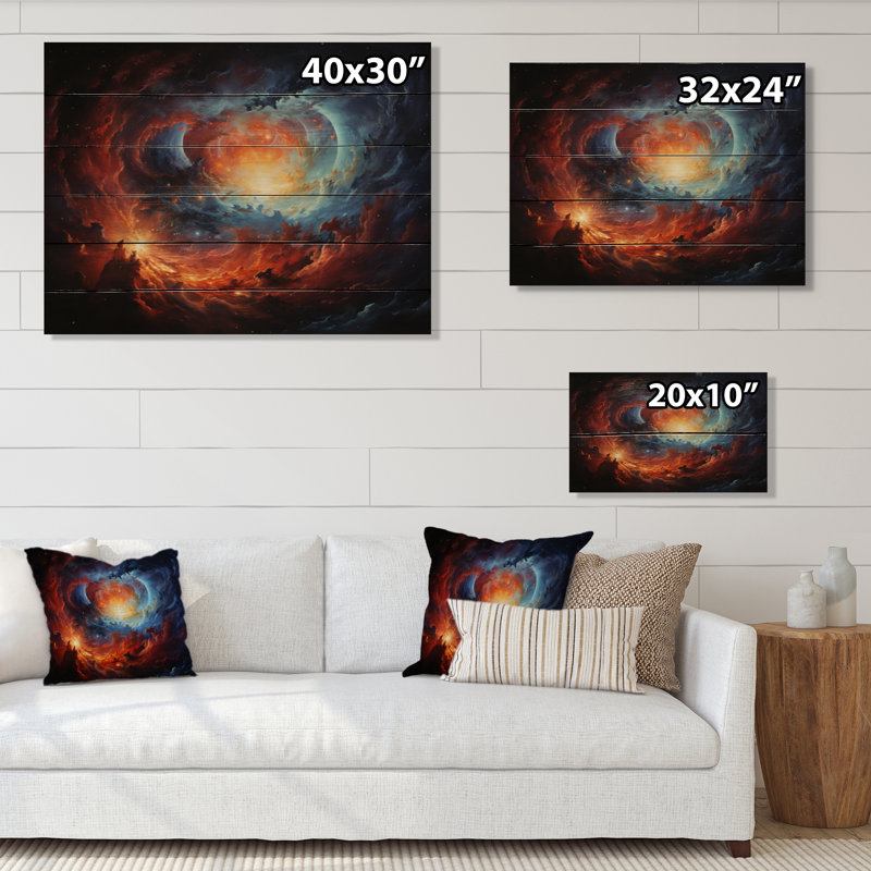 Impression de galaxie astronomique orange et bleu I sur bois, H 24 po x l 32 po x P 0,78 po