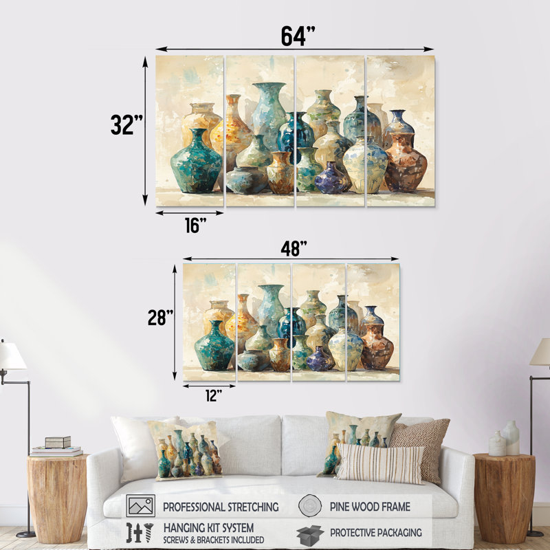 «Blue Vases In Collection Pattern I - Boho Pottery», ensemble de reproduction d'art mural, H 32 po x l 64 po