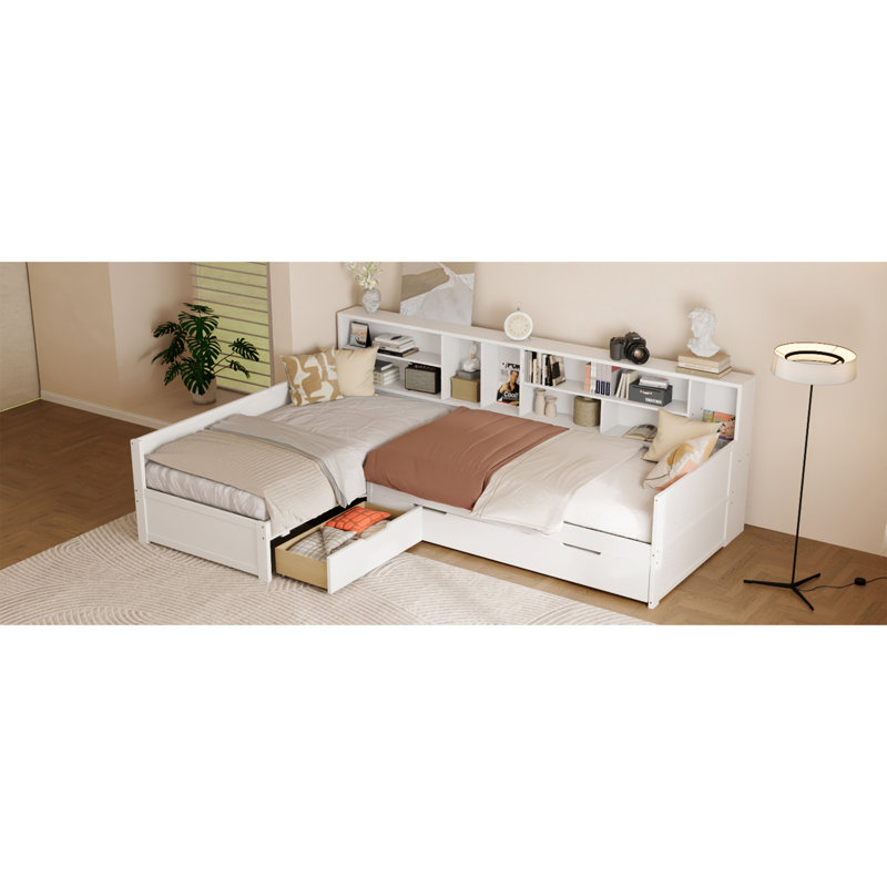 Lit de jour simple en L en forme de L avec lit gigogne sous le lit et tiroir de rangement, cadre de lit d'angle polyvalent avec bibliothèques pour 3, blanc