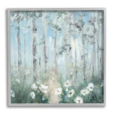 «White Flowers Blooming Forest Birch Trees Scenery», peinture sur bois à cadre flottant