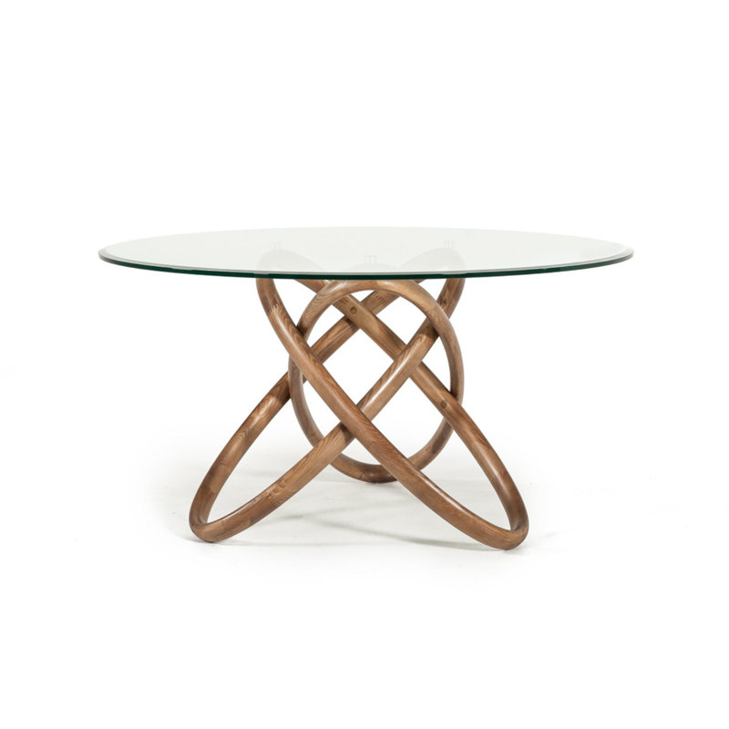 Shirehampton Round Glass Top Solid Wood Base Dining Table, Walnut