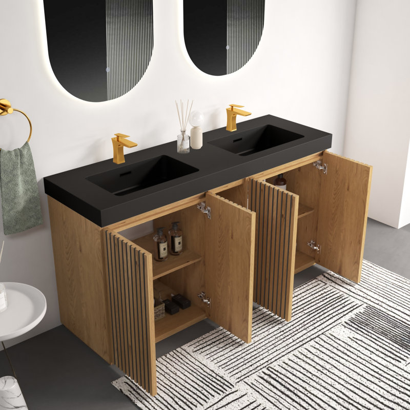 Meuble-lavabo 60F, Noir, Chêne clair
