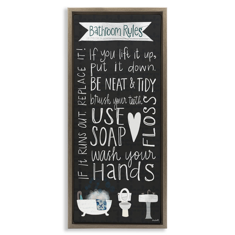 "Whimsical Bathroom Rules", art mural encadré flottant doré par Katie Doucette, H 31 po x l 15 po