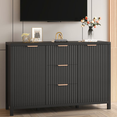 Oak Durable Sideboard Buffet, 2 Door 3 Drawer, Fluted Door Accent Cabinet Console Table For Living Room & Entryway