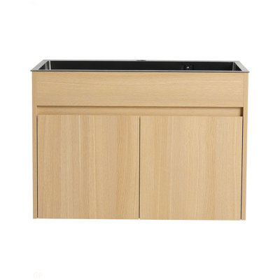Armoire de salle de bain murale 28 po, avec lavabo en acier inoxydable et tuyau de vidange flexible, porte à fermeture en douceur, chêne, contreplaqué, emballage KD