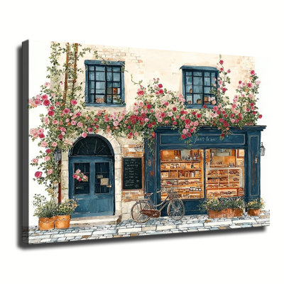 Charmante devanture de boulangerie française avec aquarelle de roses grimpantes, grande reproduction d'art sur toile tendue pour salon, chambre à coucher