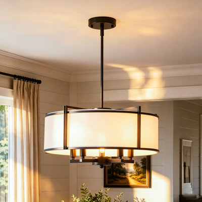 5-Light Modern Farmhouse Drum Chandelier, Matte Black Metal Frame Pendant Light with White Fabric Shade, Adjustable Downrod Round Ceiling Light Fixture for Dining Room, Kitchen Island, Living Room, Bedroom & Entry Foyer