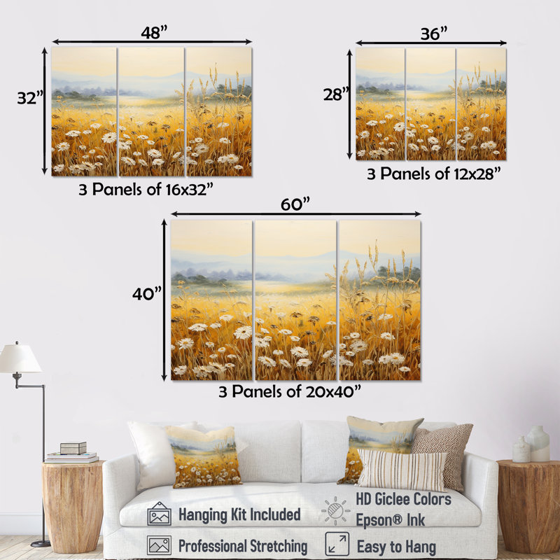 Golden Harvest Floral Field II - ensemble d'art mural floral, Toile tendue, H 40 po x l 60 po x P 1 po