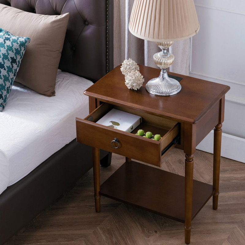 Coastal Solid Manufactured Wood Side Table with AC/USB and USB-C Port, Pecan