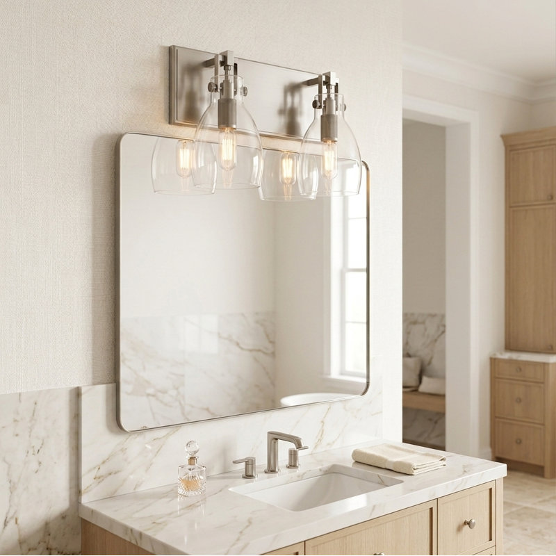Éclairage pour salle de bain 2 lumières en nickel brossé avec abat-jour en verre transparent Solara, Nickel brossé