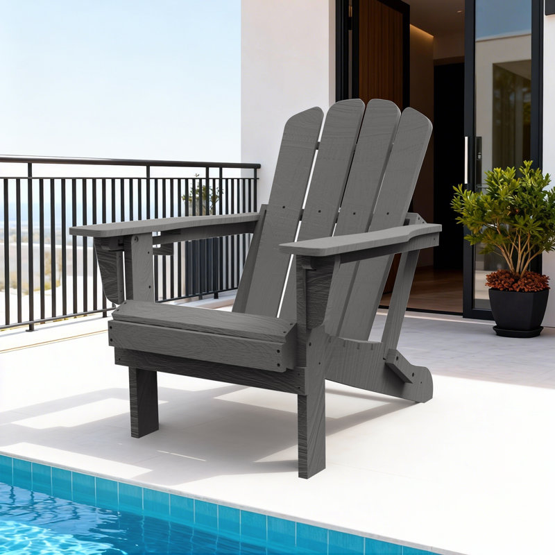 All-Weather HDPE Folding Adirondack Chair Outdoor Patio Fire Pit Chair with Cup Holder, Gray