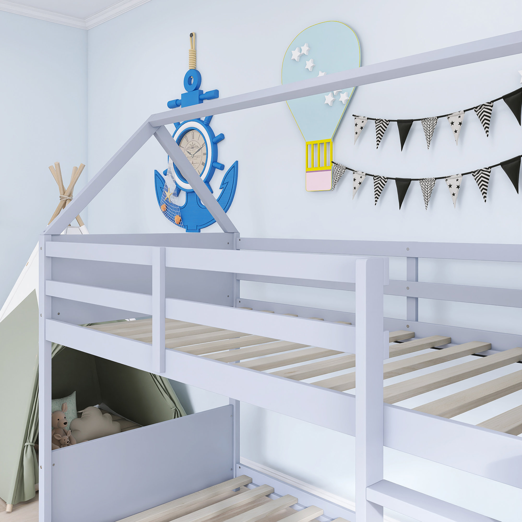 Harper Orchard Wood Frame Twin Over Twin Size House Floor Bunk Bed With ...