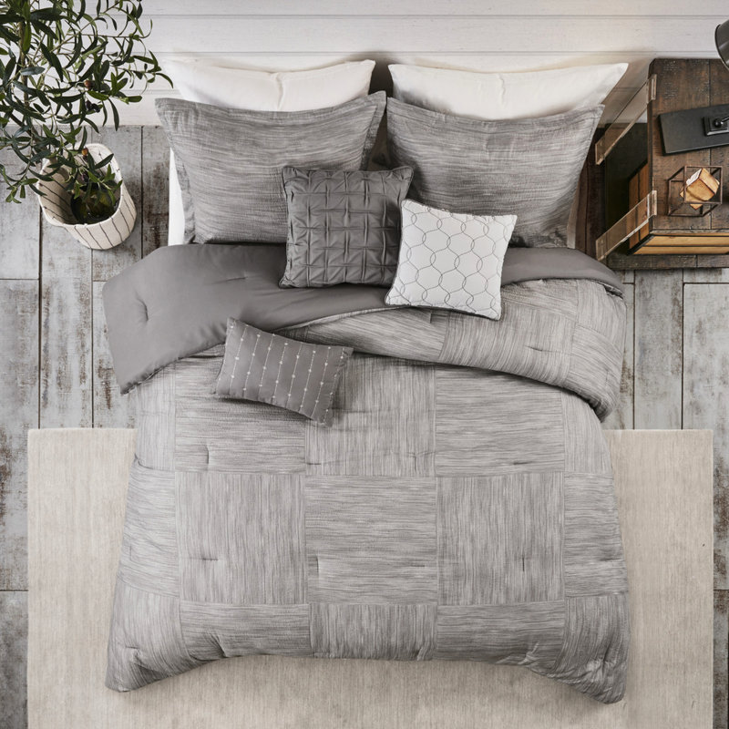 7 édredon imprimé en seersucker gris pour grand lit, 7 pièces en seersucker, froissé, Gris