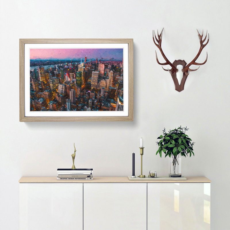 New York View in Abstract - Picture Frame Graphic Art Print, 48cm H x 65cm W x 2cm D, Oak Framed