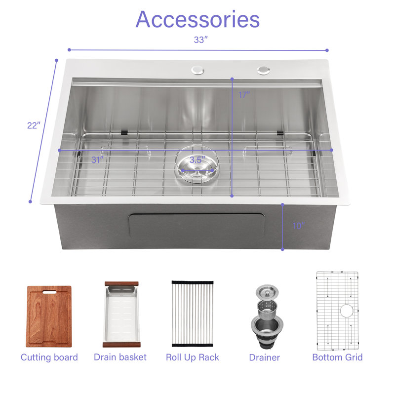 Évier de cuisine encastré en acier inoxydable brossé T304 (calibre 16), 84 cm x 56 cm, avec planche à découper, passoire, égouttoir et accessoires.