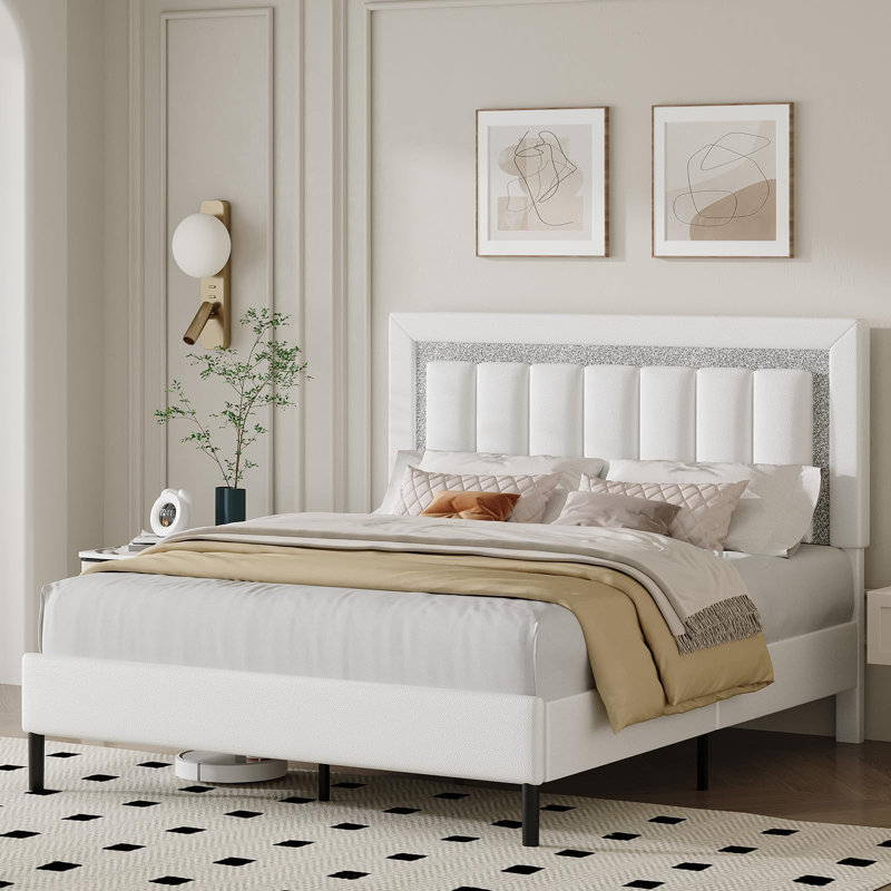Ensemble de lit plateforme tapissier Diamond, Grand, Blanc