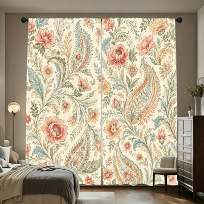 2PCS Rod Pocket Light Filtering Curtains, Vintage Floral Paisley Printed Drapes, Spring Refreshing Seasonal Decor, All Season Window Treatments for Living Room Bedroom Study Home Decoration