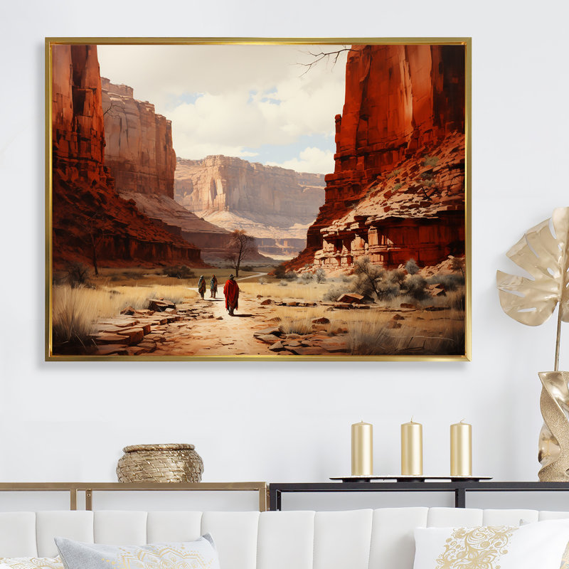 Native Canyon Echoes - Native American Art, reproduction d'art encadrée, Cadre flottant doré, H 30 po x l 40 po x P 1,5 po