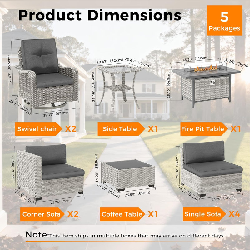 8 - Person Outdoor Rattan Furniture Patio Set with Fire Pit Table, Black