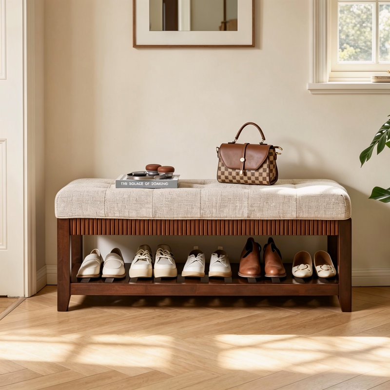 Banc d'entrée en bois massif, banc à chaussures en bois d'hévéa massif avec coussin rembourré et étagère à chaussures inférieure, banc de rangement capitonné pour hall d'entrée, couloir ou salon
