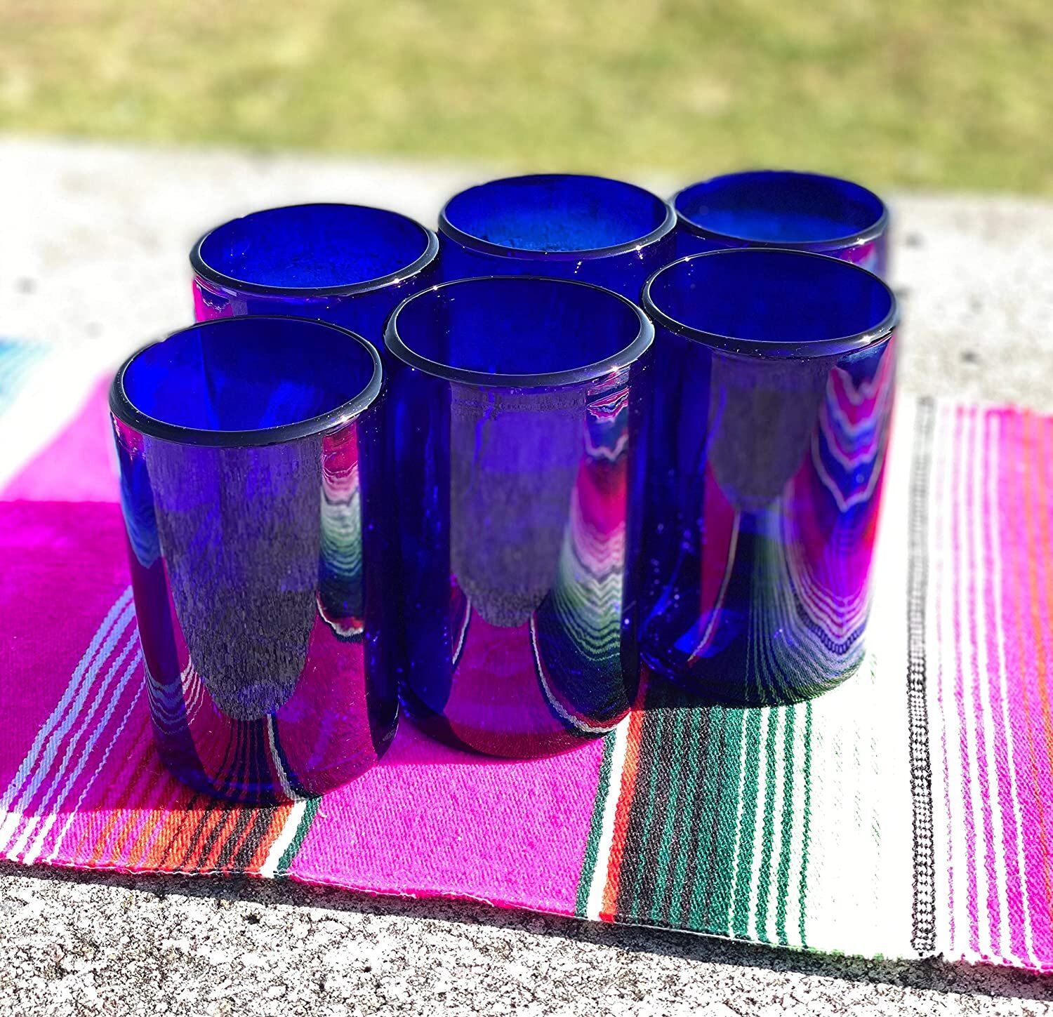 Handblown Glass Recycled Blue Tumblers Drinkware (Set of 6) - Pure