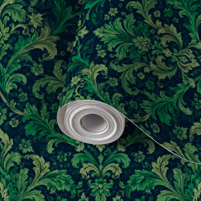 Papier peint auto-adhésif à motif de damas baroque vert émeraude noir auto-adhésif et amovible 17,7 po x 118 po (45 x 300 cm)