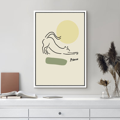 Picasso Stretching Cat With Green Circles Minimalist Art Framed On Canvas Print