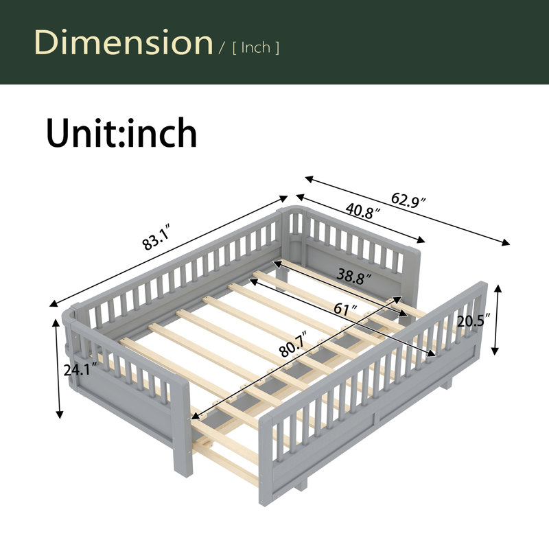 Lit plateforme avec garde-corps, peut être converti en lit plateforme double, Vert, Lit jumeau extra long