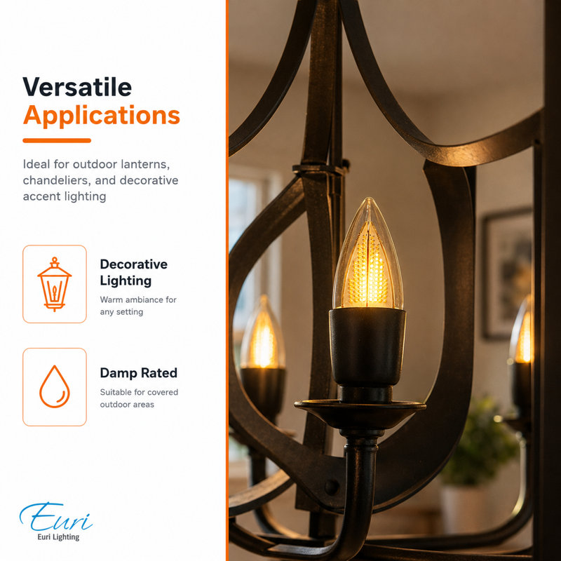 Euri Lighting LED Flame Bulb, 1W, 80 lm, 6W Eq., 1800K, E12, Black Base, UL
