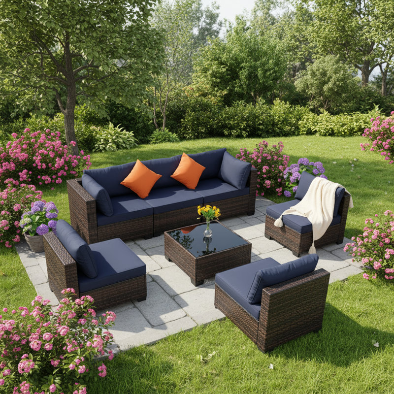 7-Piece Rattan Outdoor Sectional Seating Group with Cushions, Dark Brown, Navy