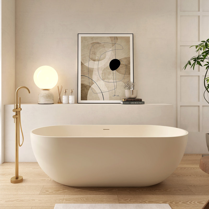69" Freestanding Deep Soak Tub Solid Surface Soaking Bathtub Creamy, Creamy