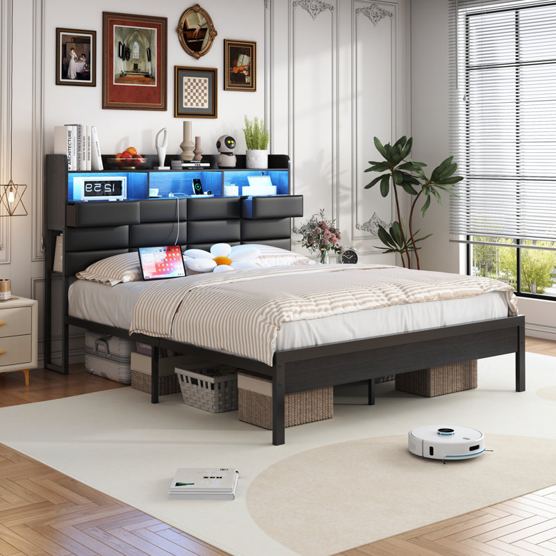 Full Size Metal Platform Bed Frame with Faux Leather Upholstered Storage Headboard, LED Lights, USB Charging Station & Built‑in Bookshelf, Noise-Free, No Box Spring Needed