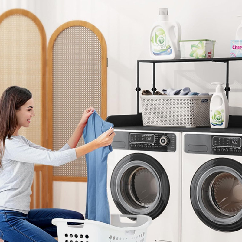 Comptoir de laveuse-sécheuse avec tablettes réglables, dessus de buanderie universel pour le pliage et le rangement, panneau de fibres à densité moyenne durable et cadre en métal pour l'organisation de la salle de lavage