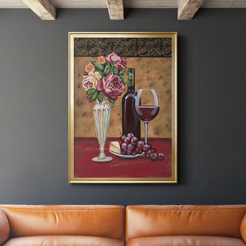 «Vintage Flowers And Wine I», toile encadrée de qualité supérieure - prête à être accrochée, Or, H 42,5 po x l 30,5 po