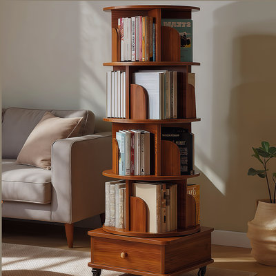 5 Tier Bookcase Storage Rack with Wheels, Rotating Bookshelf, 360 Display Corner Bookshelf, Wood Narrow Organizer