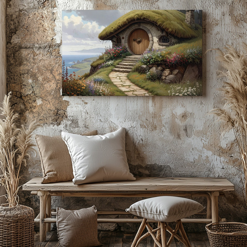 Art mural sur toile Hobbit Home Countryside Cottage in Grassy Hill, H 9 po x l 12 po