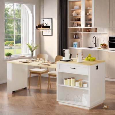 Îlot de cuisine avec table de salle à manger extensible, prise de courant, 2 tiroirs, 2 tablettes ouvertes latérales et rangement double